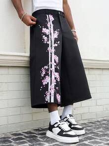 PAVTROS Men's Black Summer Streetwear 3/4 Pants,Cherry Blossom & English Text Print Y2K Skateboarding City Break Flower Girl Casual Skateboard Gift Pants - Black - View 4