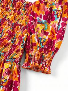 Linhara Square Neck Petal Sleeve Vintage Ditsy Floral Waist-Cinching Plus Size Shirt - Multicolor - View 5