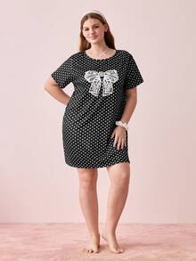 Bonmuse Plus Size Women's Polka Dot Bow Tie Short Sleeve Short Dress, Loose Comfortable Casual Sleepwear, Suitable For Summer - Black - View 5