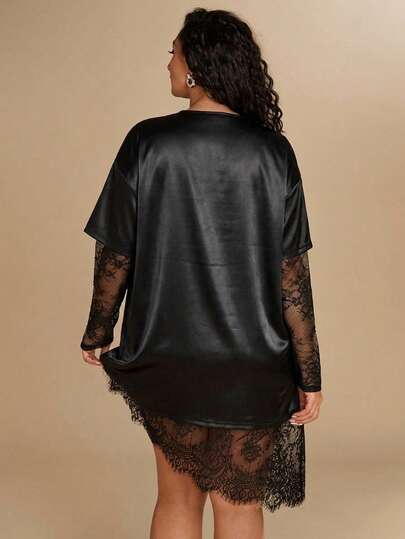 SHEIN BAE CURVE Plus Size Women's Black Satin  Lace Patchwork T-Shirt, Oversized Everyday Casual T-Shirt,Autumn Solid Color Asymmetrical Hem Mini Top Fall