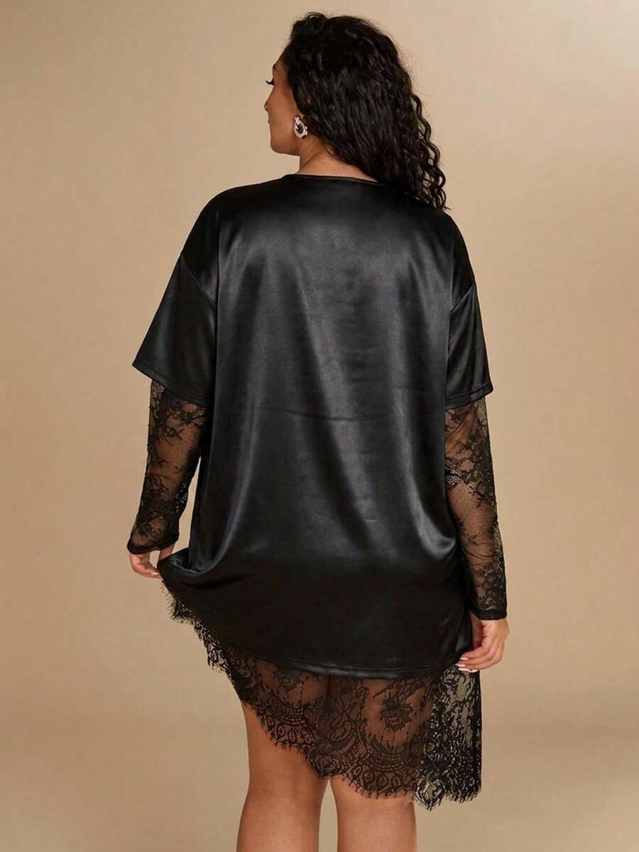 SHEIN BAE CURVE 大尺碼女款黑色緞面長袖蕾絲拼接T恤，寬鬆版型T恤