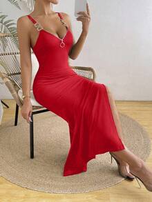 SHEIN Women's Solid Color Deep V-Neck Metal Buckle Zipper Split Fitted Dress Suitable For Parties And Holidays - Red - View 4