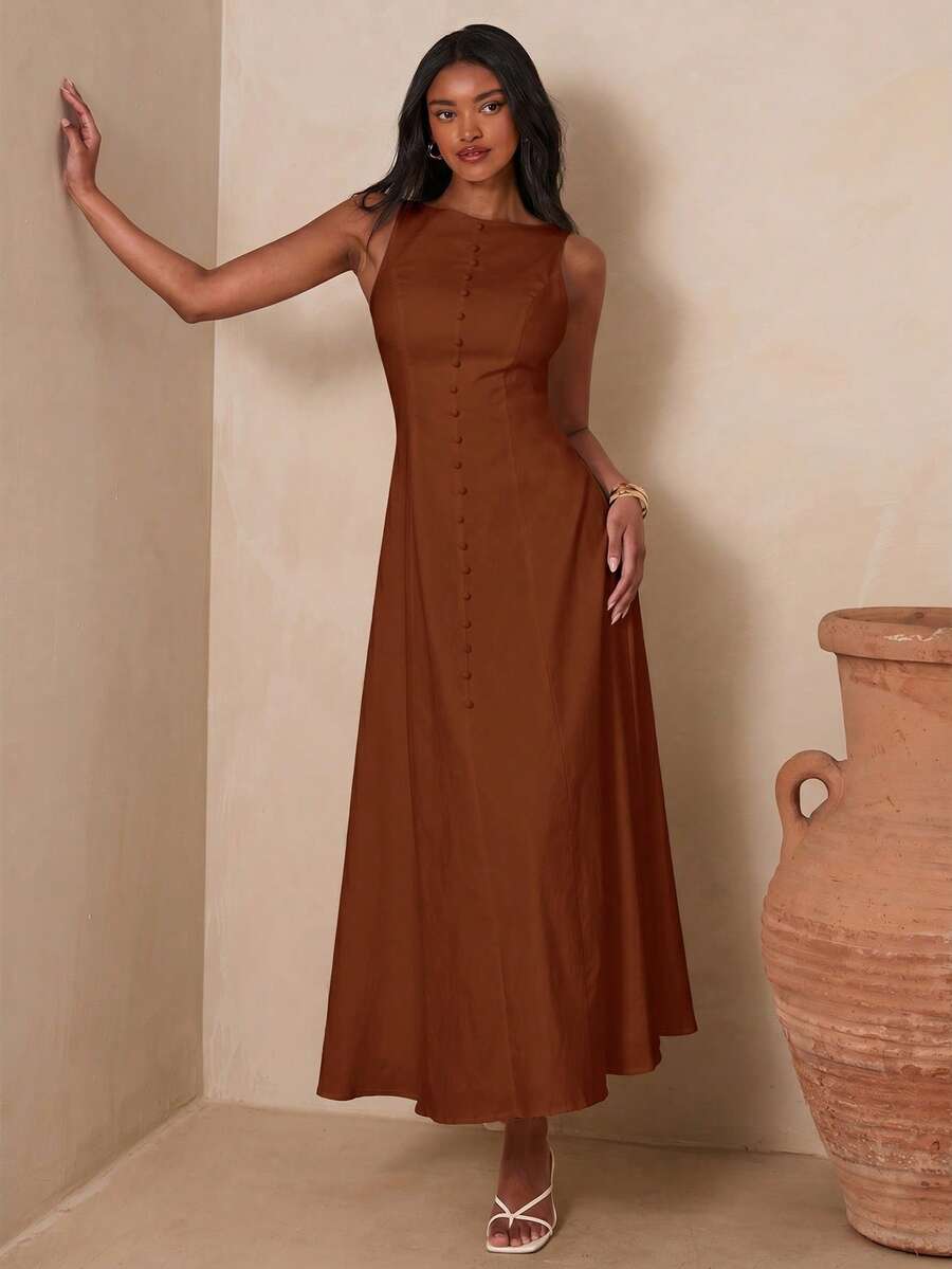 Enchnt Women's Solid Color Round Neck Button Design Sleeveless Elegant French Dress Vacation Rust Brown Summer