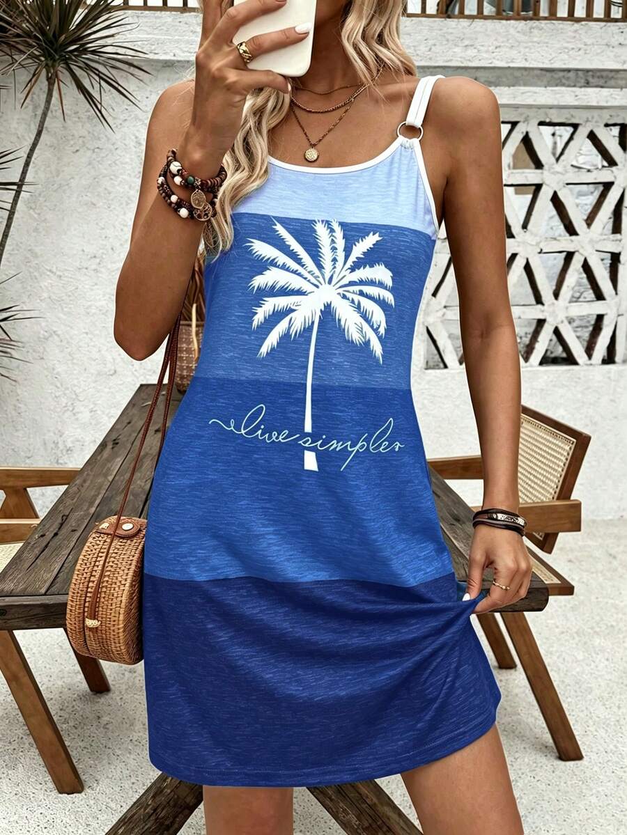 Breezaya Gaun Terusan Motif Pohon Kelapa dan Huruf Blok Warna dengan Tali Ganda dan Detail Cincin, Cocok untuk Pakaian Liburan Pantai Wanita - Biru - View 1