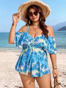 Swim Lushoire Plus Size Random Print Shoulder Strap Adjustable Strap Two Pieces Separated Conservative Fashion Tank Bikini - Baby Blue - View 5