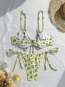 Swim Mod Conjunto de bikini con soporte de busto y cordones laterales para mujer, estampado floral menudo, para vacaciones de primavera/verano - Multicolor - Ver 2