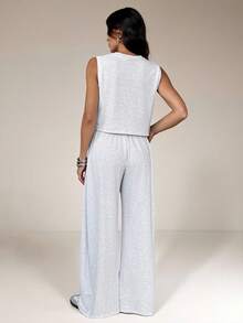 SHEIN Tall Bộ đồ nữ gồm áo vest dệt kim màu xám cotton và quần ống rộng, trang phục thường ngày cho kỳ nghỉ xuân, trang phục đi chơi cho nữ. - Xám - Xem 2