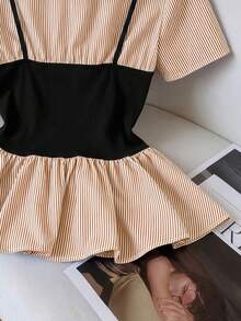 GlowEve Women's Colorblock Striped Short Sleeve Ruffle Button Front Fashion 2-In-1 Shirt, Suitable For Spring/Summer Vacation, Casual, Commute, Daily Wear, Versatile - Coffee Brown - View 3