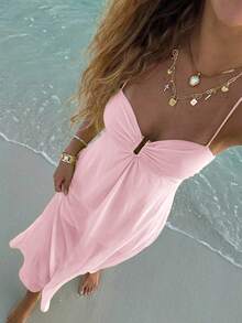 Aloruh Women's Solid Color Minimalist Daily Extra Long Dress - Baby Pink - View 3