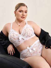 Hourtrue Plus Size Lace Patchwork Comfortable And Fashionable Sexy Bra And Panty Lingerie Set - White - View 11