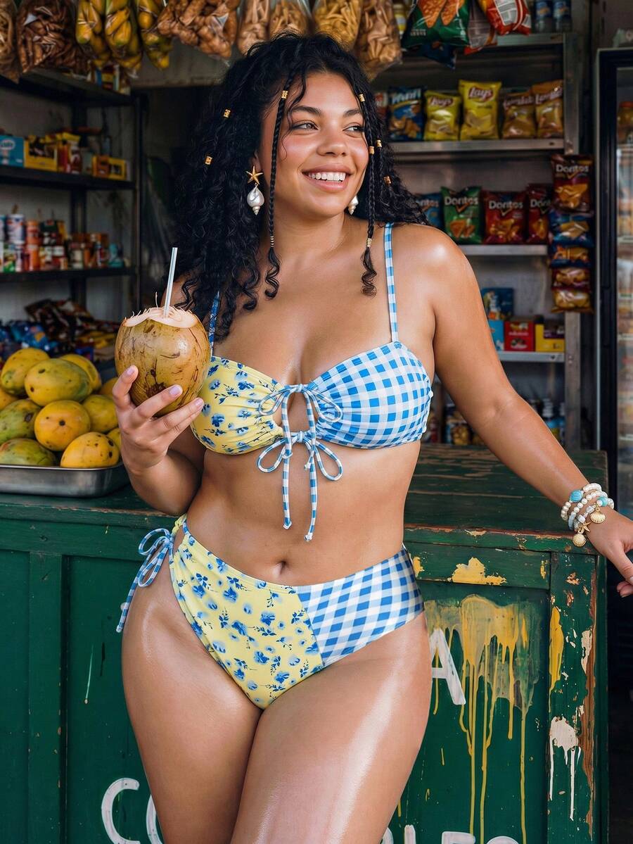 Swim Mod Plus Size Women Beach Plaid Patchwork Tie-Up Tankini Top And Triangle Bottoms Bikini Set - Multicolor - View 1