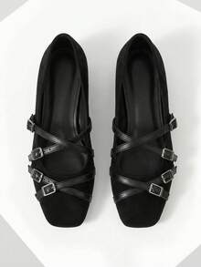 Mnmlis Women's Black Cross-Strap Flat Slip-On Shoes For Christmas - Black - View 1