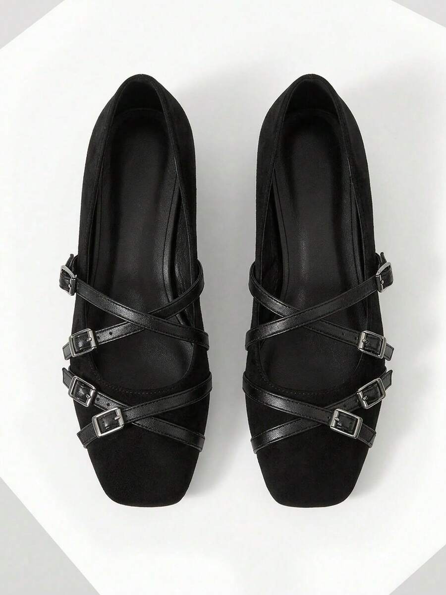 Mnmlis Women's Black Cross-Strap Flat Slip-On Shoes For Christmas - Black - View 1
