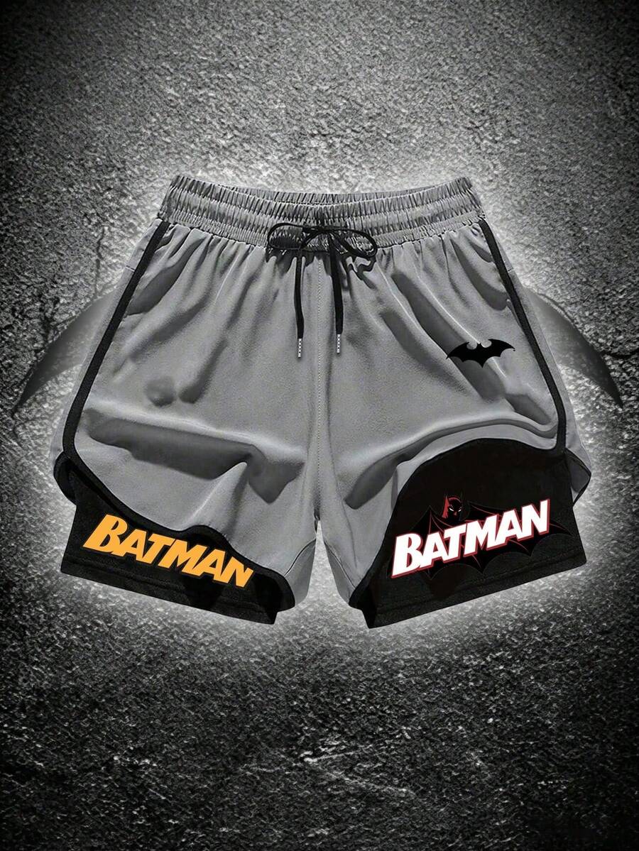 BATMAN X SHEIN RISE LYT Men's Letter Print Contrast Color Drawstring Waist Sports Shorts, Gym - Grey - View 1