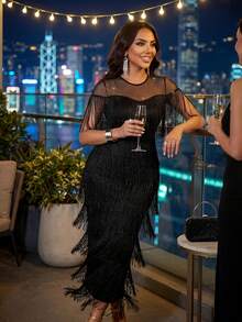 Auveirra 女士优雅派对亮片网纱拼接流苏修身连衣裙 - 黑色 - 查看 3