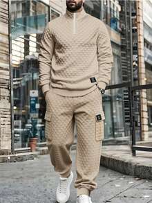 Manfinity Homme 男士休闲纯色纹理套头衫卫衣和运动裤套装 - 杏色 - 查看 1