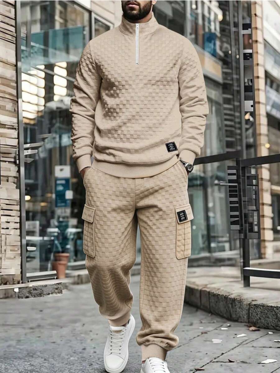 Manfinity Homme 男士休闲纯色纹理套头衫卫衣和运动裤套装 - 杏色 - 查看 1