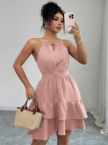 Elenzga Elegant Beaded Halter Tie Shoulder Ruffle Hem Plus Size Dress - Pink - View 6