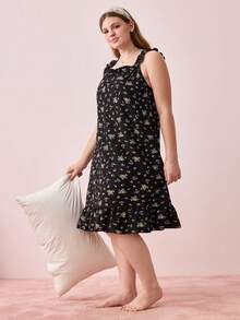 Bonmuse Plus Size Women's Casual Loose Bowknot Floral Print Ruffle Hem Camisole Nightgown - Black - View 6