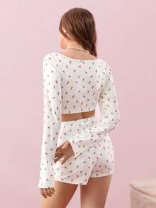 Bonmuse 2pcs Women All Season Printed Long Sleeve Top And Shorts Pajama Set - White - View 3