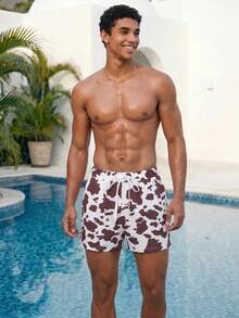 Manfinity Swimmode 男士抽绳腰带全印花平角内裤，适合夏季度假和海滩穿着 - 棕色 - 查看 5