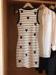Resyla Vestido versátil de corte ajustado para mujer, nuevo y de exitosa para primavera/verano, con estampado de rayas y corazones, diseño de bloques de color en los bordes - Multicolor - Ver 2