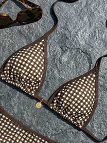 Swim Mod 女款新款純色三角杯比基尼套裝 性感綁帶撞色泳衣兩件式 - 咖啡棕 - 查看 4
