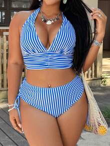 Swim Vcay Ensemble de maillot de bain de plage pour femmes 2026, nouveau, printemps/été, col licou, imprimé rayé, grande taille - Multicolore - Voir 4