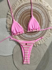 Swim Mod Women's 26 Spring/Summer New Blue & White Striped Textured Fabric Small Sun Metal Decor V-Neck Backless Triangle Wrap Rope Studded Bikini Swimsuit 2-Piece Set - Pink - View 2