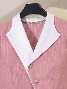 GlowEve Women's Pink Stripe Contrast Collar Cinched Waist A-Line Elegant Daily Commute Office Tea Party Teachers' Day French Vintage Spring Summer Shirt Dress - Multicolor - View 7