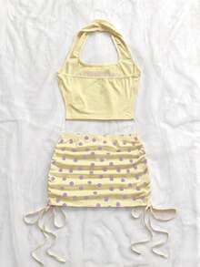 Soleia Áo croptop nữ hở lưng họa tiết anh đào phong cách tối giản casual đi chơi, chân váy ngắn cạp thấp nhún họa tiết chấm bi, áo thun họa tiết, phù hợp mặc mùa hè và dạo phố ngoài trời - Màu vàng - Xem 2