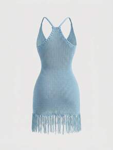 ROMWE Summer Outfits Beach Vacation Fish Print Tassel Fitted Knit Dress - Blue - View 2