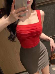 DAZY Women's Casual Solid Color Ruched Slim Fit Tank Top, Summer - Red - View 11