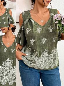 Lounesse Blusa de moda con hombros descubiertos y patrón de encaje para mujer de talla grande - Verde - Ver 9