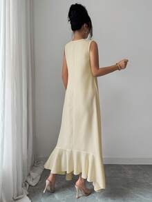 Elenzga Sommer Ärmellos Kunstleinen Hellkhaki V-Ausschnitt Asymmetrischer Rüschensaum Lockeres Kleid Lässig Urlaub Bequem Outfit - Khaki - Übersicht 3