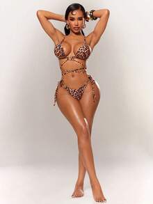Radiana Women's Summer Sexy Chic Leopard Print Bikini Set, Tie Bikini Top And Bottoms 2 Pieces Set, Swimwear Set, Beach Vacationwear, Holiday, Night, Brown - Multicolor - View 6