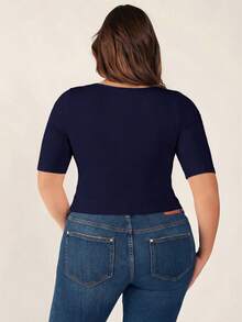 SHEIN BASICS Plus Size Summer Casual Modest Conservative Versatile Solid Color Short Sleeve T-Shirt Date Night Brunch Vacation Navy Blue Office Rodeo - Navy Blue - View 3