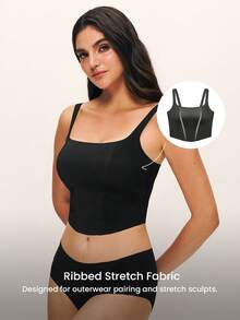 LUVLETTE Bra Tanpa Kawat Tanpa Jahitan 2-in-1 Model Leher Persegi Terintegrasi, Cami Tanpa Punggung, Bra Santai Panjang, Atasan Tank Top Hitam Dasar - Hitam - View 4