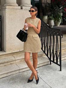 Siren Gaze Women's Rhinestone Button Decor Elegant French Waist-Cinched Sleeveless Mini Dress For Vacation And Party Office Brunch Daytime Golden Yellow Autumn - Gold - View 4