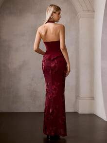 MOTF Soiréza ELEGANT WOMEN'S SLEEVELESS HALTER NECK MAXI PARTY GOWN WITH WAVY DEEP V-NECKLINE, PEARL EMBELLISHMENTS AT NECKLINE, UPPER BODY & HEM, 3D FLORAL APPLIQUE FABRIC WITH INTRICATE PATTERNS AT SKIRT - Burgundy - View 3
