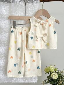 LMoss Kids 女嬰 2 件組花卉無袖上衣與寬鬆休閒長褲套裝，復古風女嬰服飾，附蝴蝶結 - 彩色 - 查看 4