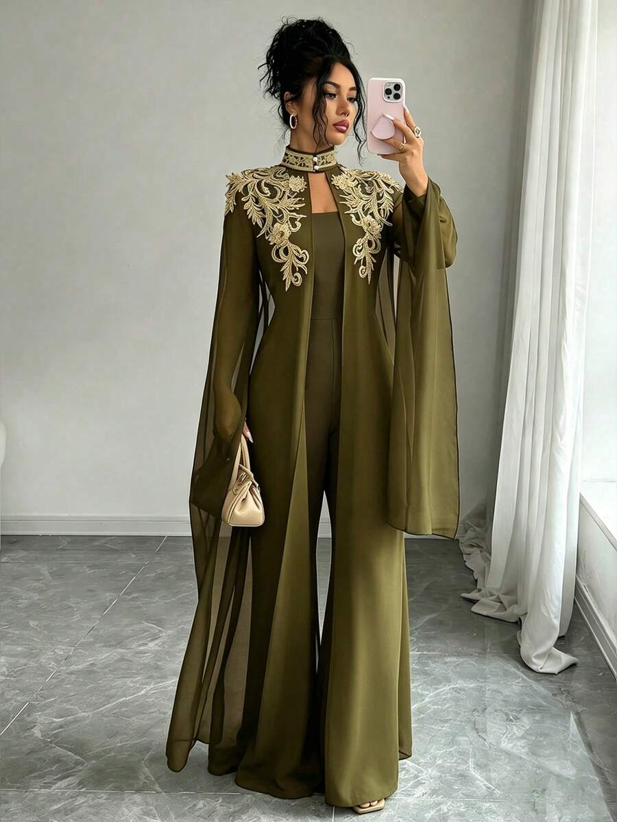 Elenzga Bộ đồ jumpsuit nữ 2 món kèm khăn choàng ren màu vàng - xanh quân đội - Xem 1