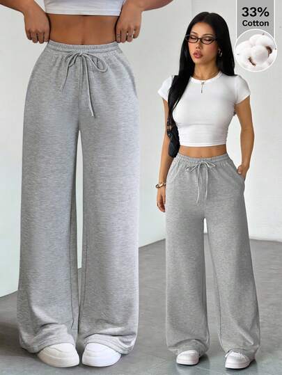 SHEIN PETITE Pantalones de chándal holgados de punto de unicolor, cómodos y casuales para mujer
