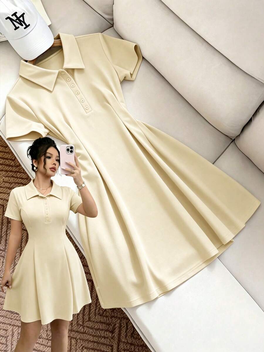GlowEve CURVE 大尺碼女款休閒修身酒紅色鈕扣前襟 Polo 領 A 字短袖洋裝 - 杏色 - 查看 1