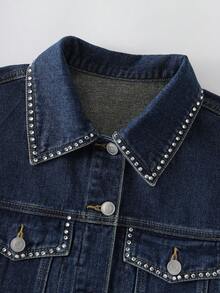 Qadelle Jaqueta Denim Casual Feminina com Aplicação de Strass, Primavera/Outono - Lavagem escura - Visão 7