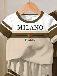 3 Sets, Get 2 Random Sets Of Boys Casual Round Neck T-Shirt And Shorts 2-Piece Outfits Suitable For Summer, Classic Striped Pattern Print, City Name Text Print "Milan, Italy", Elegant Horse Rider Logo Print - Multicolor - View 4