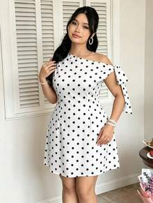 Elenzga Plus Size Women's Asymmetrical Shoulder Tie Waist Elegant Outing Dress - Black and White - View 7