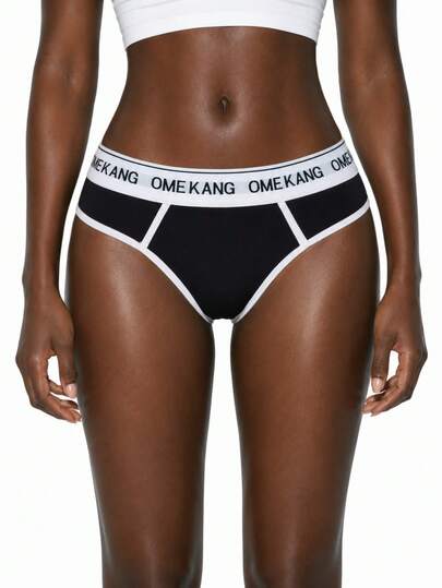 Rest Era 3pcs/Pack Women's Letter Print Trim Casual Daily Wear Triangle Panties Black Summer Thong For Women