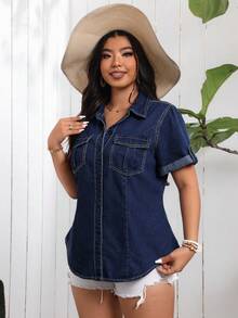 EMERY ROSE Plus Size Regular Shoulder Short Sleeve Rolled Hem Summer Front Button Denim Top Vacation Navy Blue Alternative - Dark Wash - View 6