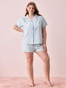 Bonmuse 2 件大码女式舒适蓝白格子印花单排扣翻领短袖上衣和短裤睡衣套装，适合家居服、春夏季服装，清凉浅蓝色 - 藍色 - 查看 8